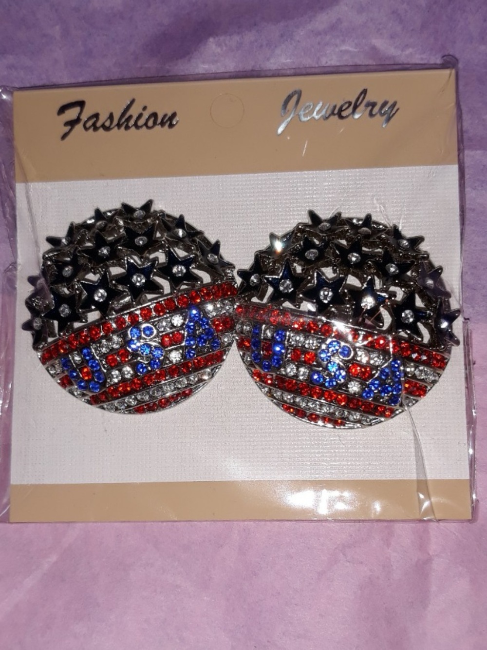 Red, Blue & Silver USA Earrings LARGE CRYSTAL USA FLAG CLIP ON  ROUND DOME NEW